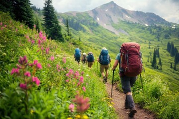 Group hiking through alpine meadows with wildflowers