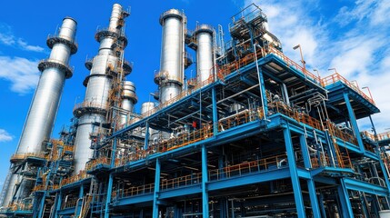 Fototapeta premium View of a modern industrial refinery facility with tall steel towers, intricate piping, and metal structures under a clear blue sky.