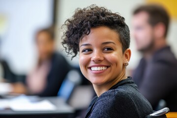 Disabled Business. Smiling Biracial Disabled Businesswoman in Meeting with Colleagues