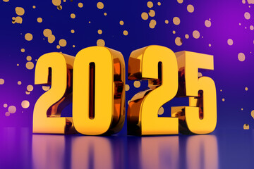 Golden Happy New Year 2025 on Blue Background - 3D Illustration Render