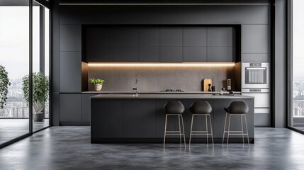 Gorgeous Modern Grey Kitchen with Stainless Steel Appliances in a Luxurious Apartment