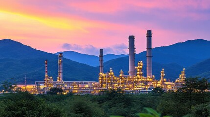 An illuminated oil refinery complex nestled in a lush valley, with mountains in the background and a colorful sunset sky.