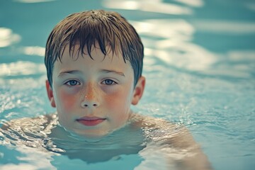 Learn To Swim: Boy having fun in the swimming pool with a happy face