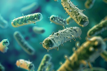 Fototapeta premium Microscopic view of various bacteria cells floating in body fluid