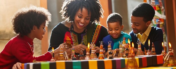 Family gathered around a table celebrating Kwanzaa, with kinara and traditional decorations