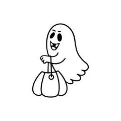 Cute poltergeist with a basket of sweets. Halloween doodle ghost. Trick or Treat. Vector outline illustration. For coloring book.