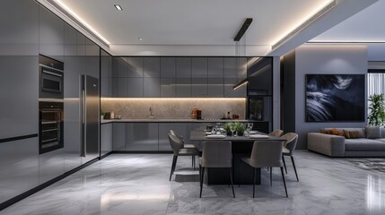 Fototapeta premium Gorgeous Modern Grey Kitchen with Stainless Steel Appliances in a Luxurious Apartment