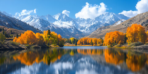 Obraz premium a serene landscape, featuring a tranquil lake reflecting a majestic snow-capped mountain range under a clear blue sky.