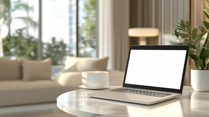A laptop with a blank screen sits on a marble desk in a modern, well-lit home office with plants and a coffee cup.