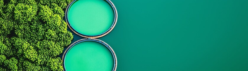 Aerial view of vibrant green paint in circular containers beside lush greenery, creating a striking contrast with a flat background.