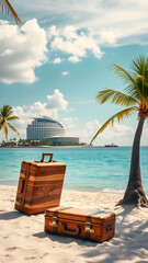 Creative summer beach with giant suitcase on island. travel concept idea. hotel in the background. Generative AI