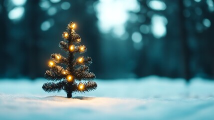Dim Christmas lights wrapped around a tree, flickering faintly in the snow-covered woods, creating an isolated and melancholic holiday scene 
