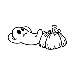 Halloween doodle ghost. Cute poltergeist It lies on pumpkin. Trick or Treat. Vector outline illustration. For kids coloring book. Spooky cartoon character.