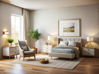 Fototapeta premium Elegant Bedroom Set Mockup with Tilt-Shift Photography, Empty Poster Template, Modern Interior Design, Stylish Chair, and Artistic Photo Card Layout for Home Decor