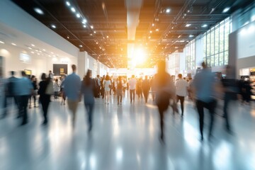 Abstract blurred people in event exhibition showroom. Business convention trade show or job fair. Business concept background