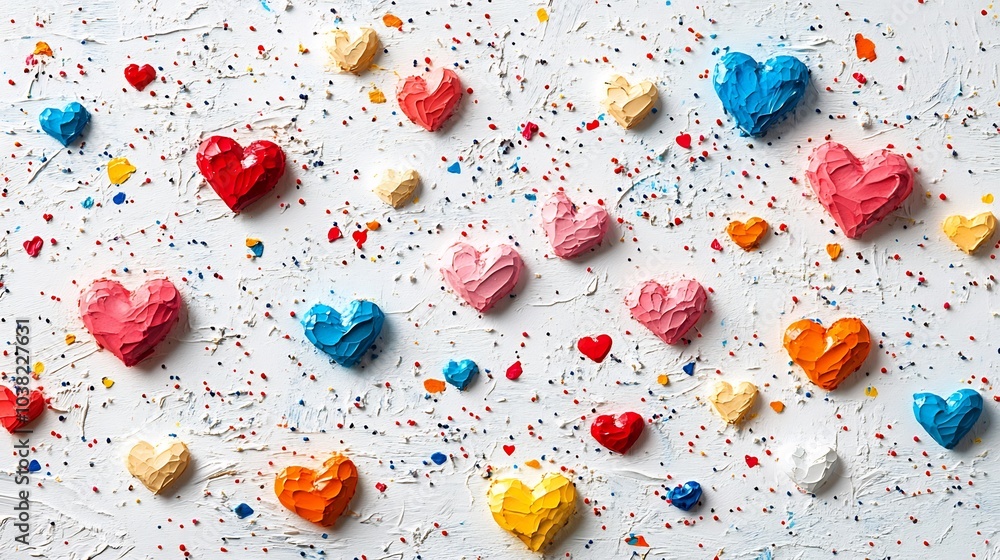 Aufkleber clean white background with small colorful hearts scattered across creating a playful yet minimalist