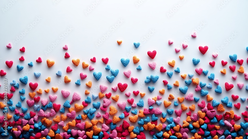 Poster clean white background with small colorful hearts scattered across creating a playful yet minimalist