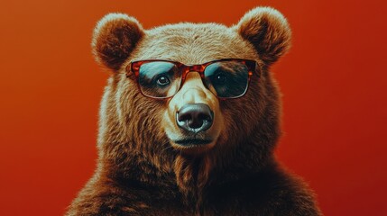 Studio portrait of a bear wearing glasses on a simple and colorful background. Creative animal concept, bear on a uniform background for design and advertising.