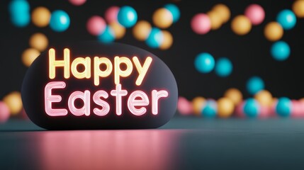 Happy Easter in elegant calligraphy glowing over soft pastel bokeh lights, creating a warm and festive atmosphere with gentle hues of pink, yellow, and blue 