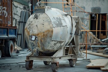 Old, rusty concrete mixer standing idle on a dusty construction site