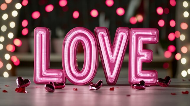 Large glowing LOVE letters in bright pink, with scattered heart-shaped confetti and a blurred background of red and pink bokeh lights - Powered by Adobe