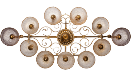 Ornate chandelier with multiple glass shades, elegant design on white background. transparent background