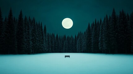 Moonlight casting an ethereal glow on a snow-covered forest clearing surrounded by tall, dark evergreens 