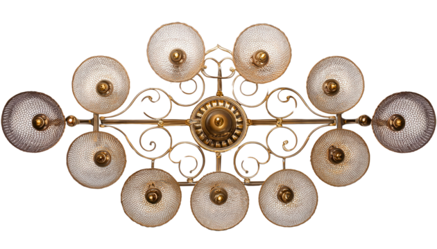 Ornate chandelier with multiple glass shades, elegant design on white background. transparent background