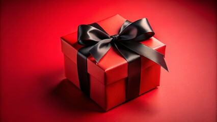 Elegant Red Gift Box with Black Ribbon on Vibrant Red Background for Black Friday Sale, Holiday Shopping, Festive Season, Gift Ideas, Special Offers, Retail Promotions