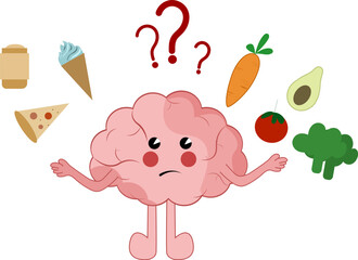 Cute brain choosing between healthy and unhealthy food concept flat vector illustration. Fastfood vs balanced menu comparison isolated clipart. Brain cartoon character dieting and healthy eating.