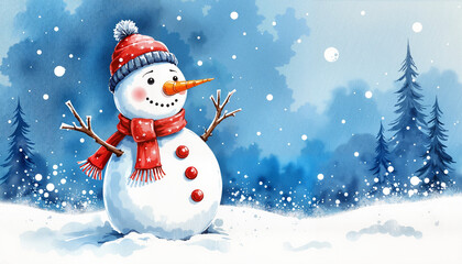 Fototapeta premium Cheerful snowman with a scarf and hat in a snowy landscape on a blue background