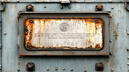 Rusted metal plate with faded inscription on an old machine.