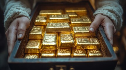 Hands Holding a Treasure Box Filled with Shiny Gold Bars