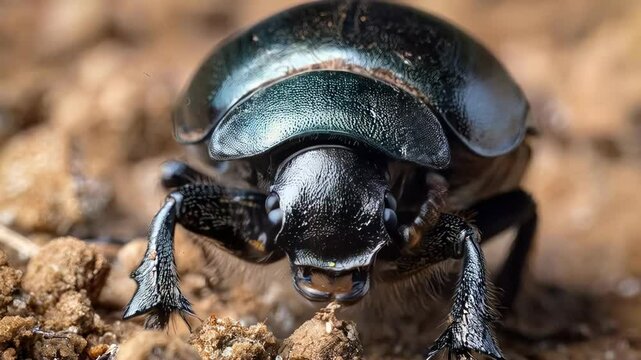 Black dung beetle pushes a ball of dung in the desert, showcasing its shiny mandibles and moving legs. This wildlife photo captures nature's delicate balance