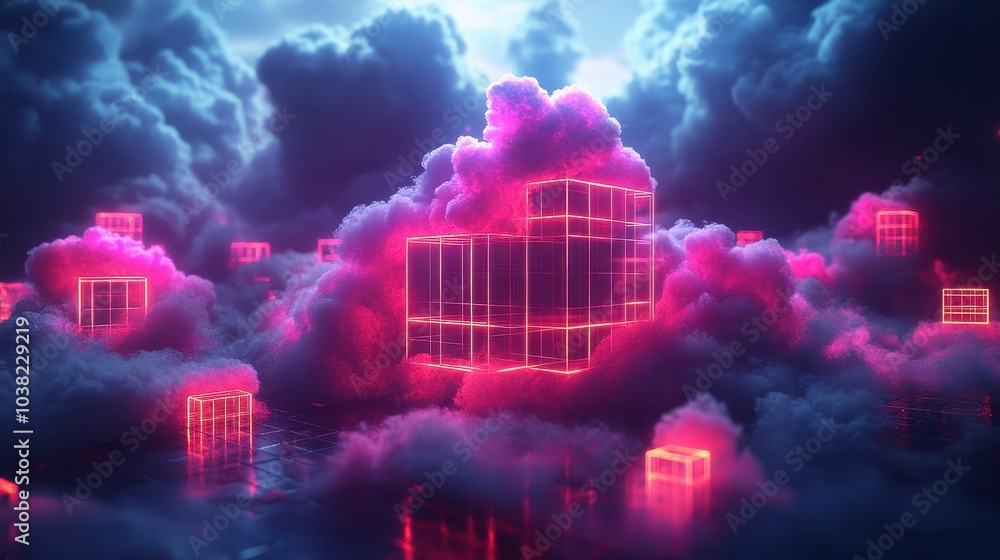 Poster neon glowing cube lines and fluffy twilight clouds on a dark background. creative concept of cloud s