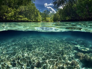 Breathtaking Seascape with Coral and Lush Greenery