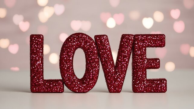 Sparkling red LOVE letters outlined with glitter, against a backdrop of swirling heart-shaped bokeh lights in various shades of pink