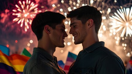 Two men embracing under a sky filled with vibrant fireworks, colorful rainbow flags waving in the background, as they celebrate New Year's Eve in a joyful atmosphere