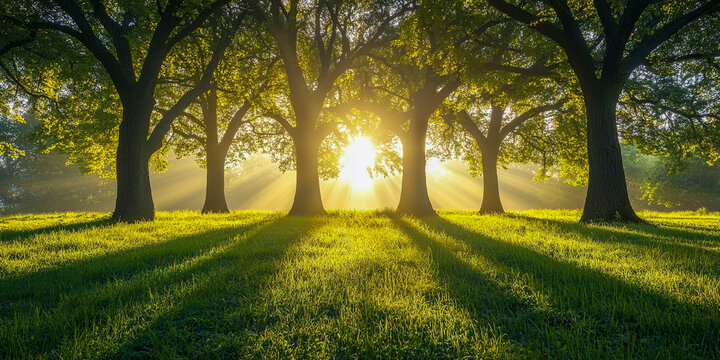 The sun is shining through a group of trees, casting light on the grass and creating beautiful shadows.