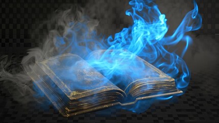 Obraz premium Enchanted magical book emitting mystical blue smoke, symbolizing ancient wisdom and supernatural powers, perfect for fantasy, mystery, and esoteric themes