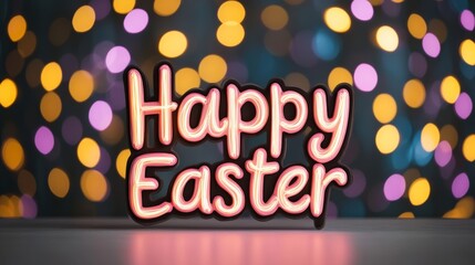 Vibrant Happy Easter calligraphy over a background of sparkling pastel bokeh lights in warm pink, lavender, and gold tones for a cheerful spring greeting 