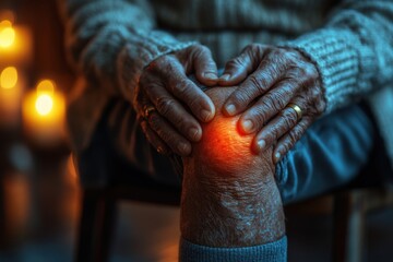 A man sits indoors and holds his knee with his hand, which hurts from injury or age-related degenerative processes. The area of focus of the pain is highlighted in red