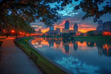 Ohio: Downtown Columbus Skyline at Twilight by the River