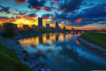 Fototapeta premium Ohio Twilight: Stunning Skyline of Downtown Columbus by the River at Sunset