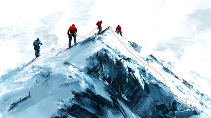 Captivating Adventure of Climbers Conquering a Sheer Snowface with Artistic Line Art Representation