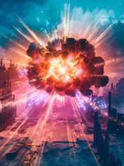 Obraz premium A vibrant explosion in a dystopian landscape, with colorful bursts and rays illuminating the scene against a dramatic sky.