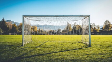 Fototapeta premium A soccer goal's netting and its connection to the goalpost, outdoor setting with a clear background, Structural style