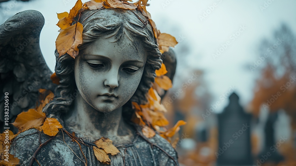 Poster closeup of a sad angel statue draped in vines at a peaceful cemetery surrounded by fallen leaves and