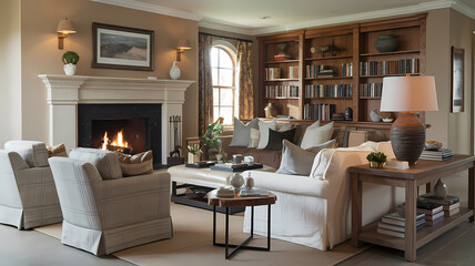 Fototapeta premium Cozy living room with a fireplace, elegant seating, bookshelves, and warm decor, perfect for relaxation and comfort.