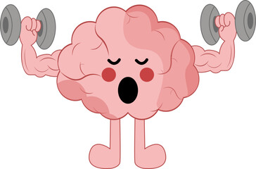 Healthy cute brain chracter doing sport exercises fitness workout with dumbbells, brain cartoon do workout with lift dumbbell